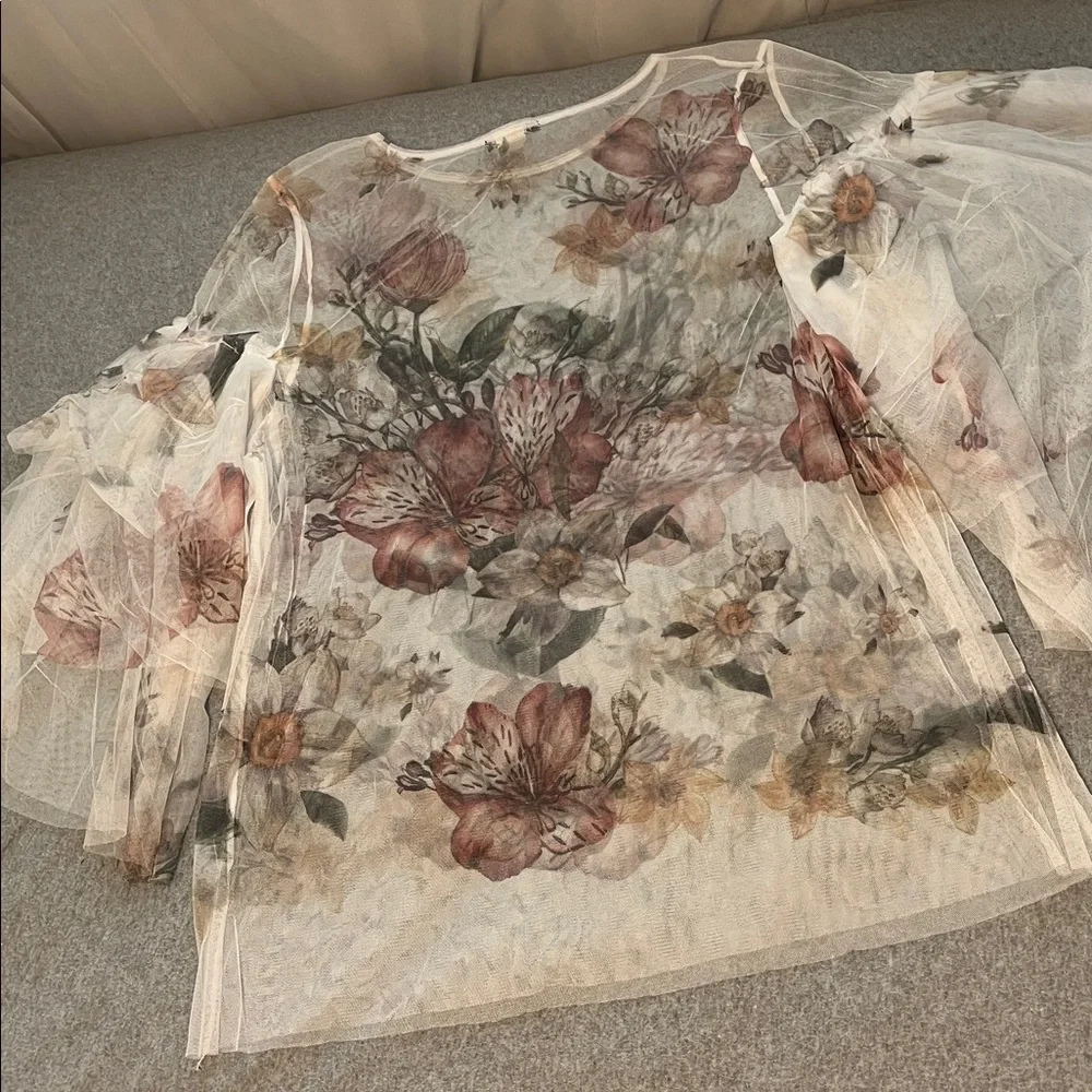 Fairy Floral Mesh Tunic Top Womens 3X Sheer Bell Sleeve Woodland Festival Beach - Picture 7 of 11